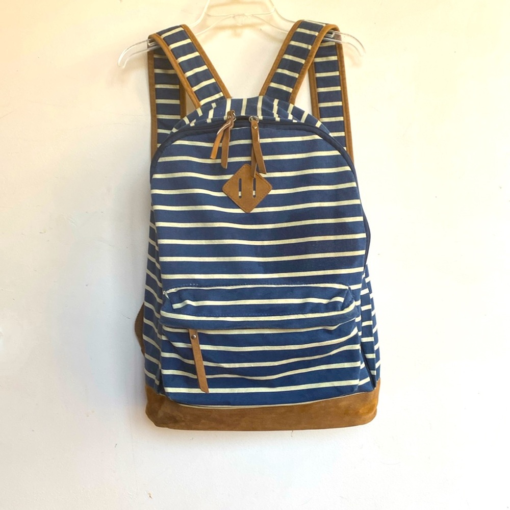 Mossimo Navy/Ivory Striped Tan Accents 19”L Zipped Backpack W/Adjustable Straps